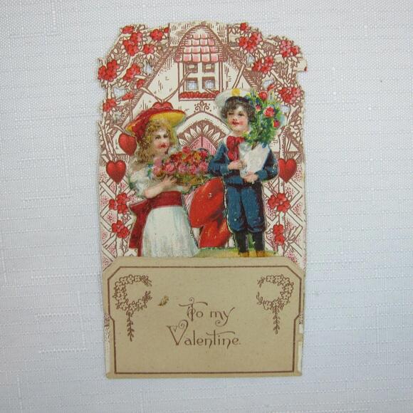 Vintage Valentine Pop Up 3D Pull Down Die Cut Victorian Girl Boy Flowers Germany - Picture 12 of 12